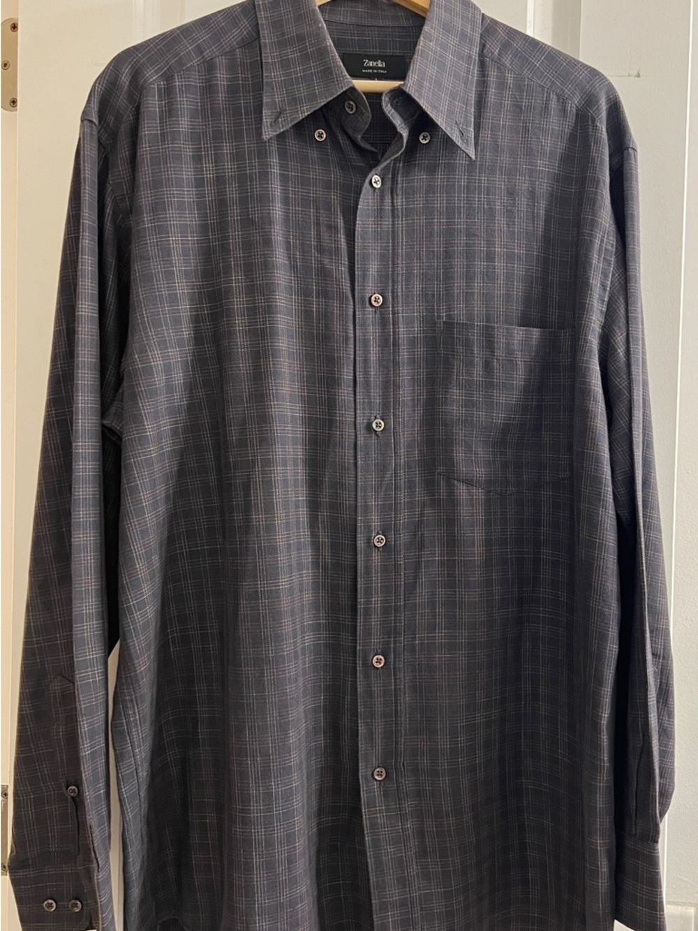 Zanella Men's Dark Gray Plaid Button Down Dress Shirt Made in Italy - Large